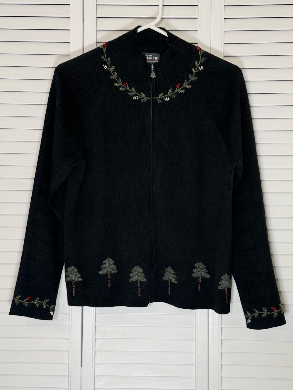 Woolrich Sweater Christmas Tree Holiday Embroidered Y2K Full Zip Black Size M